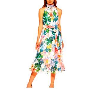 ELIZA J Dress 12 Midi Halter Floral Keyhole Button Neck Closure Ruffle Hem Lined